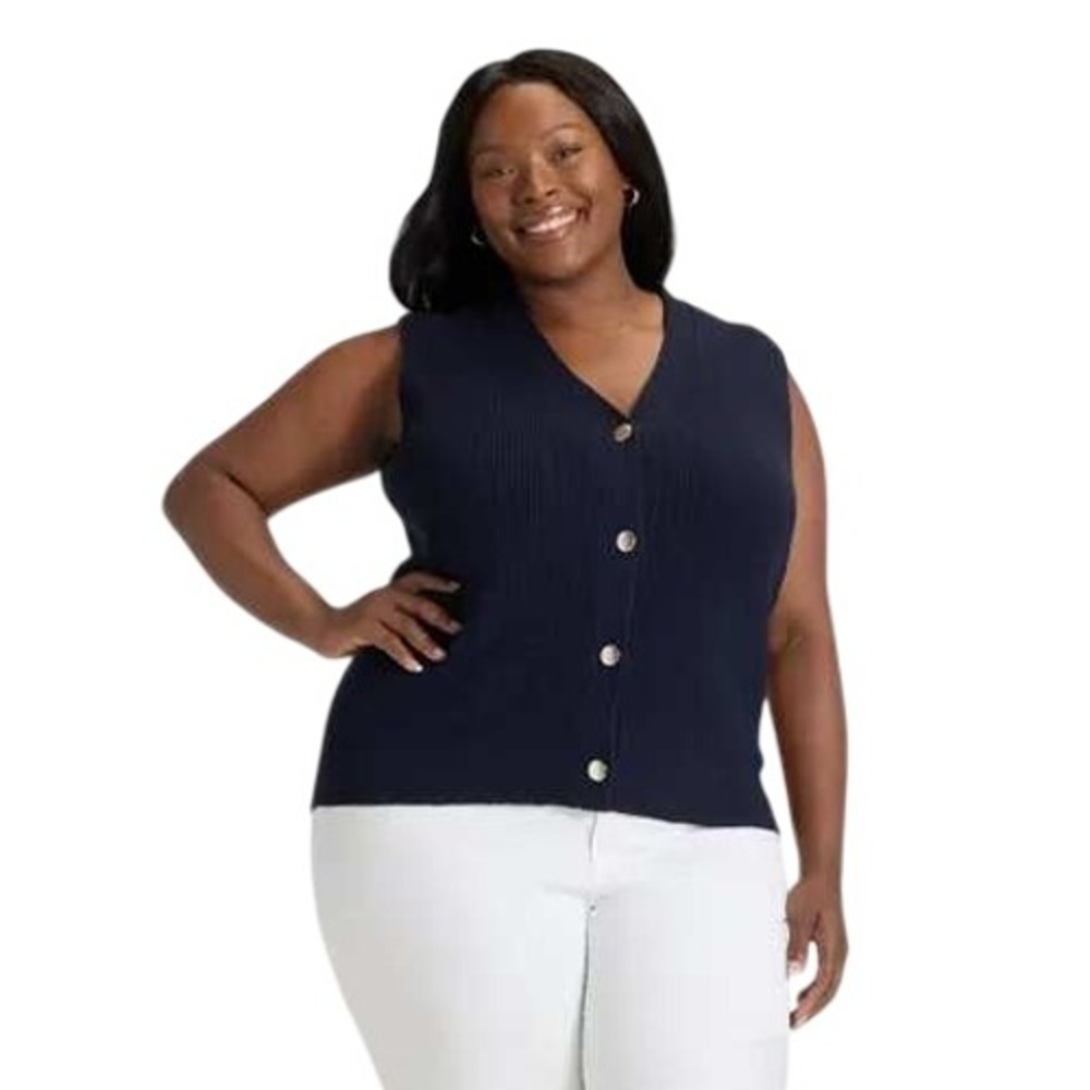 Ava & Viv Womens Navy Blue Button Front V Neck Ribbed Knit Sweater Vest Size XXL